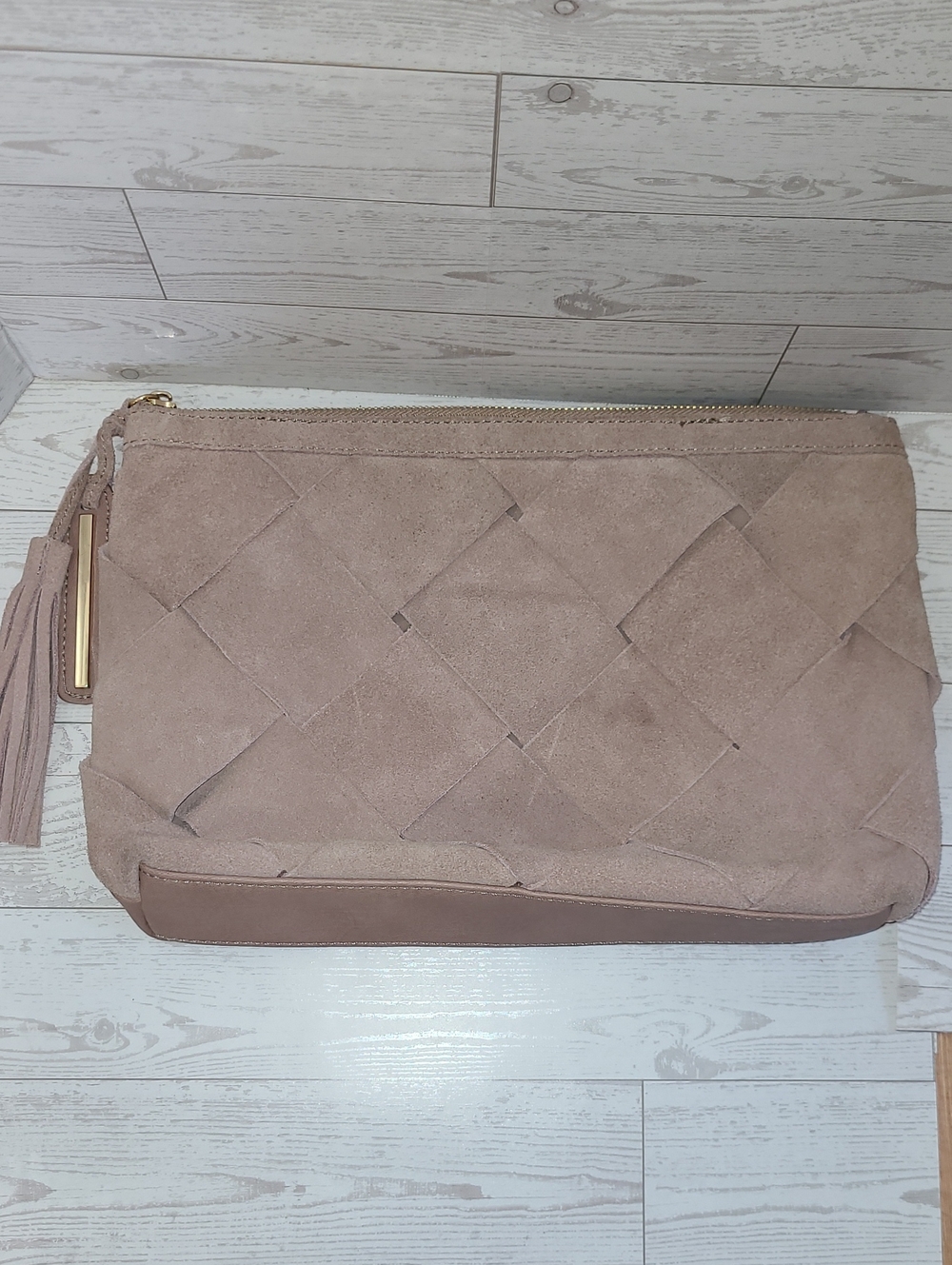 Moda Luxe Suede Woven Tassel Zip Clutch Purse - Tan